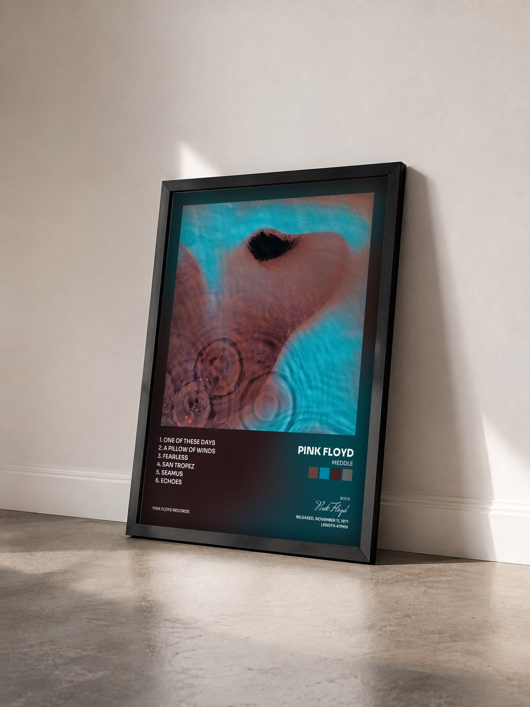 #noir Tableau de l'album Meddle de Pink Floyd vu de trois quarts, cadre noir