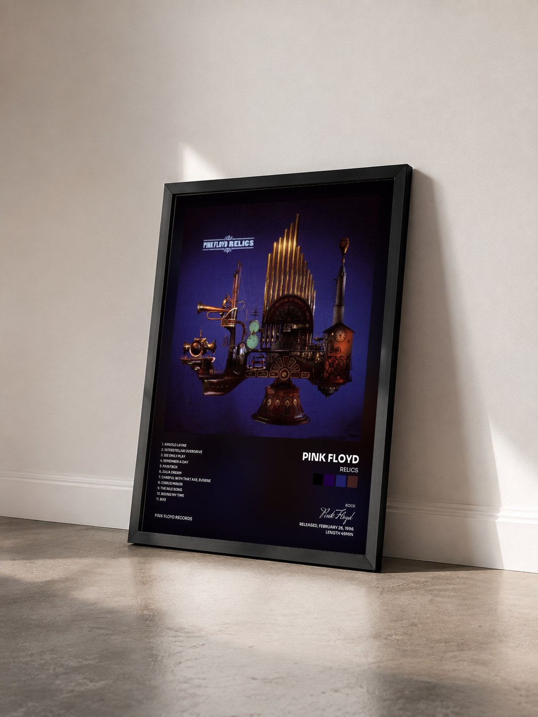 #noir Tableau de l'album Relics de Pink Floyd vu de trois quarts, cadre noir
