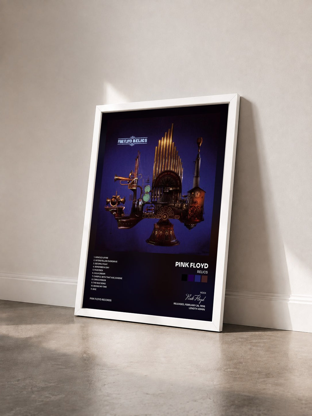 #blanc Tableau de l'album Relics de Pink Floyd vu de trois quarts, cadre blanc