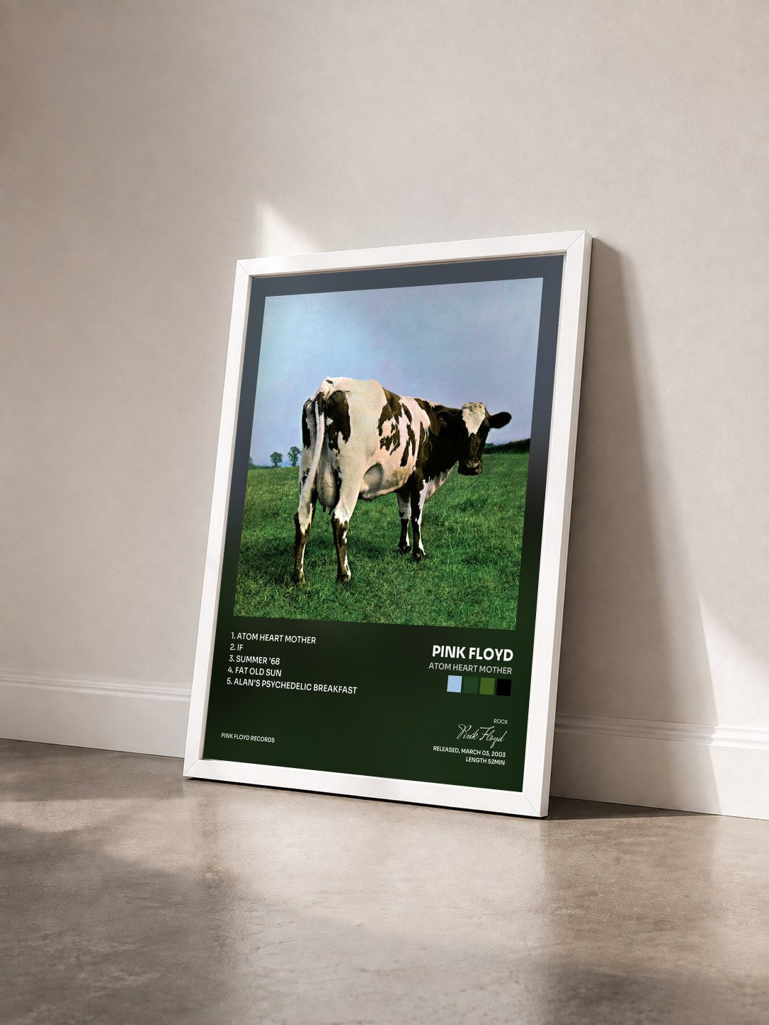 #blanc Tableau de l'album Atom Heart Mother de Pink Floyd vu de trois quarts, cadre blanc