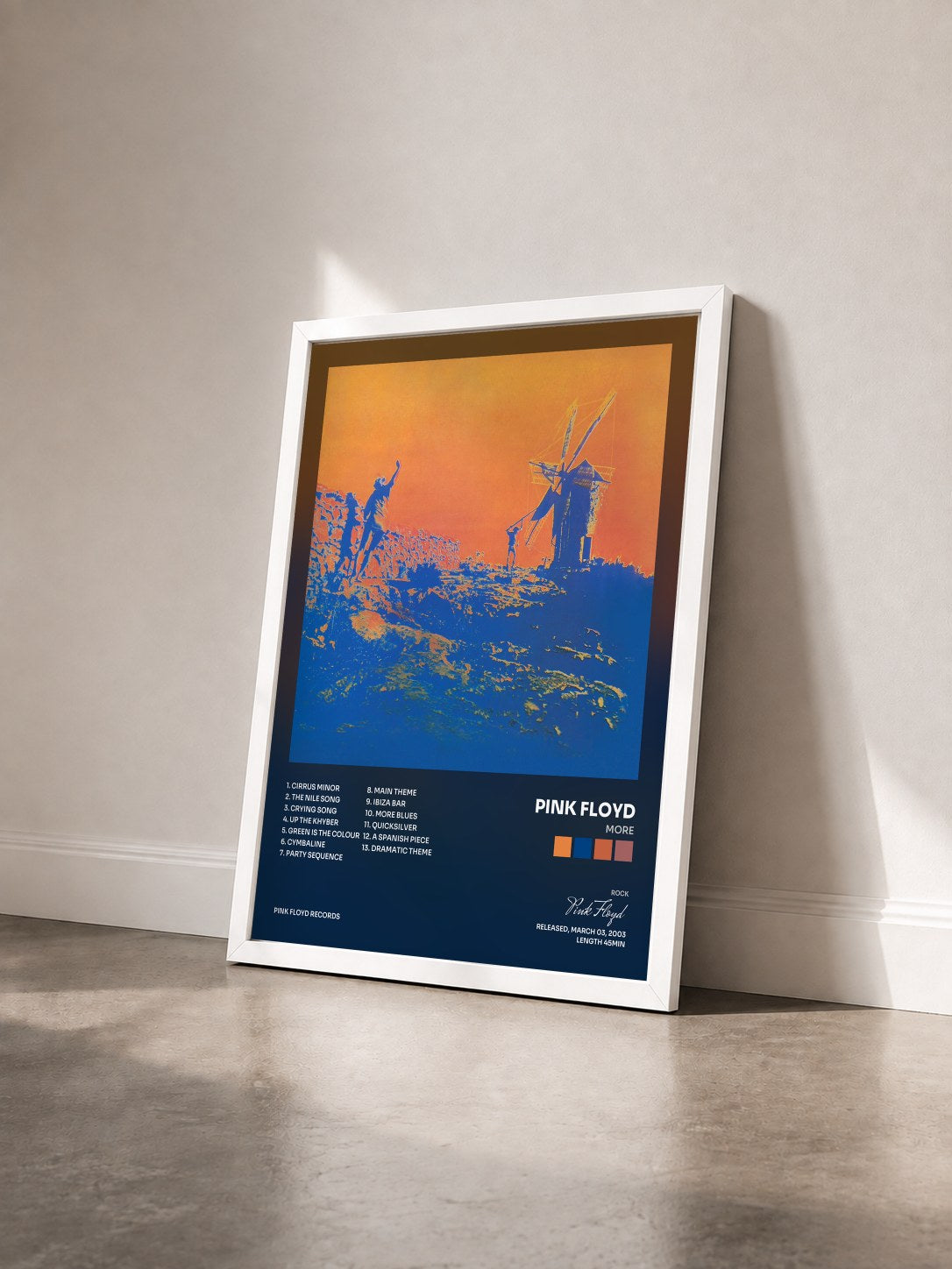#blanc Tableau de l'album More de Pink Floyd vu de trois quarts, cadre blanc