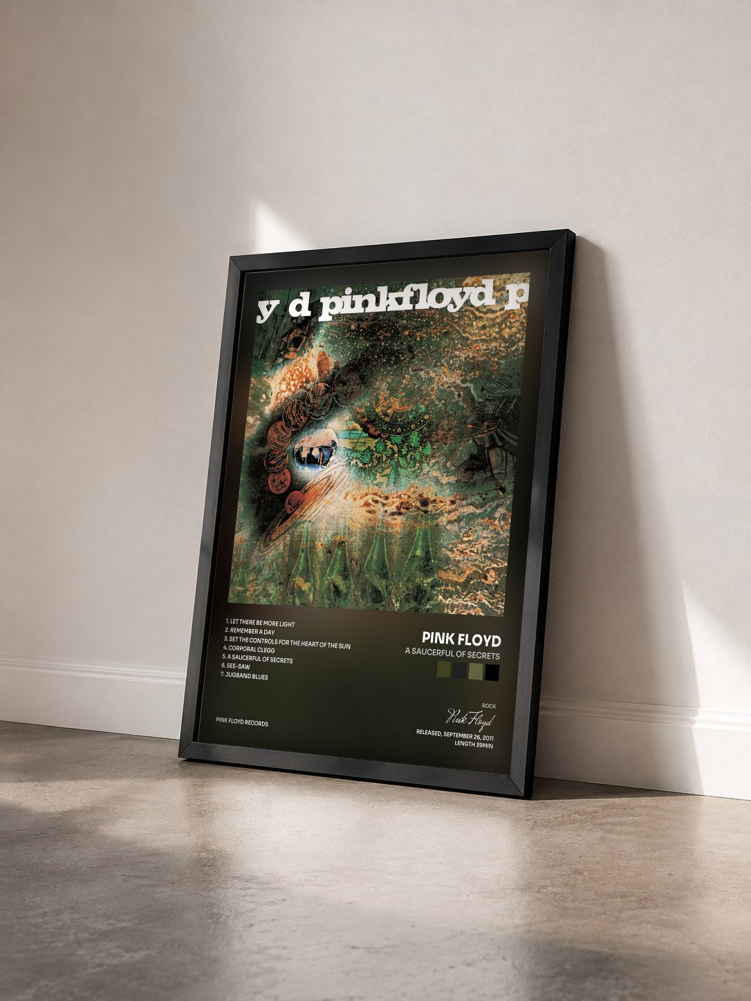 #noir Tableau de l'album A Saucerful of Secrets de Pink Floyd vu de trois quarts, cadre noir