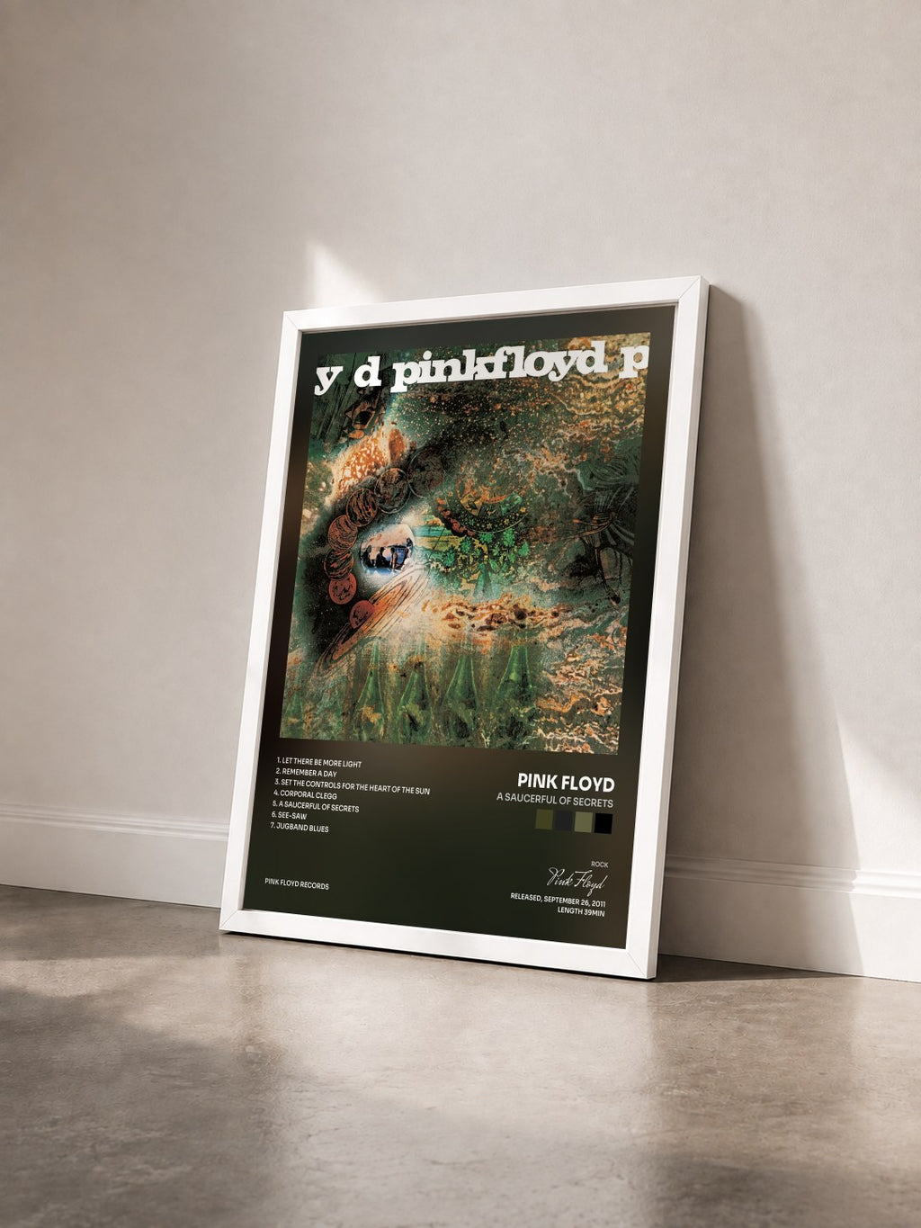 #blanc Tableau de l'album A Saucerful of Secrets de Pink Floyd vu de trois quarts, cadre blanc