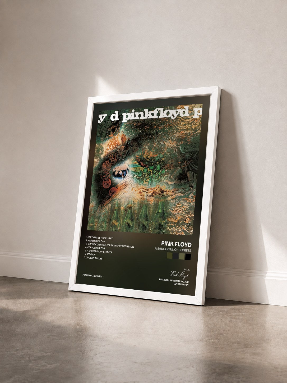 #blanc Tableau de l'album A Saucerful of Secrets de Pink Floyd vu de trois quarts, cadre blanc