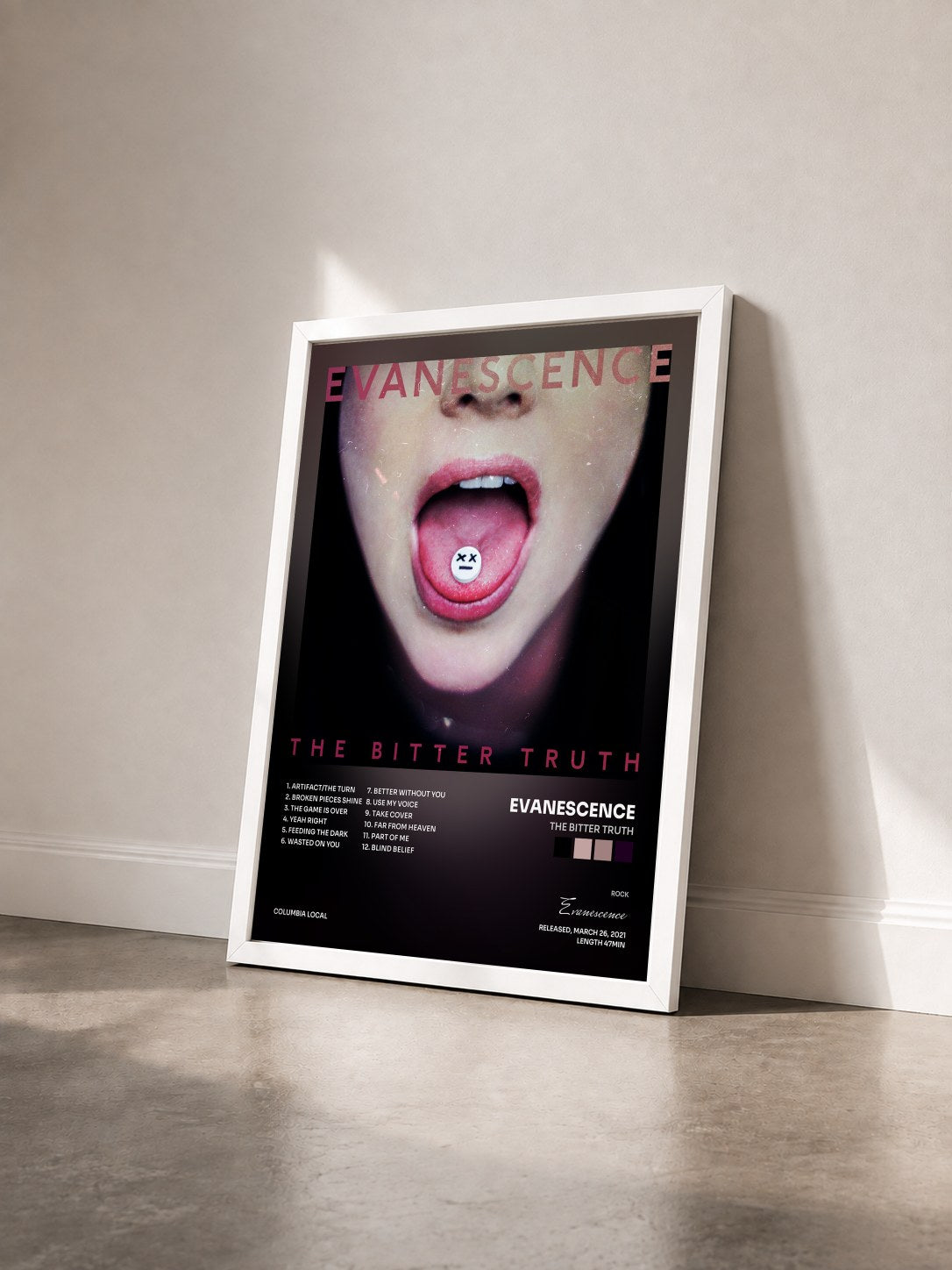 #blanc Tableau de l'album The Bitter Truth de Evanescence vu de trois quarts, cadre blanc