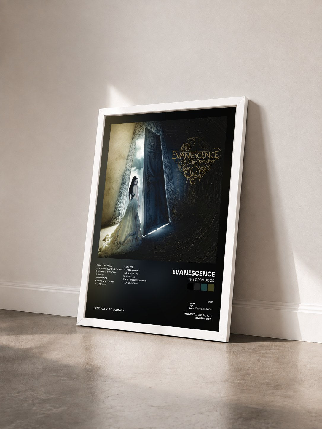 #blanc The Open Door by Evanescence as a framed art print seen at an angle, white frame