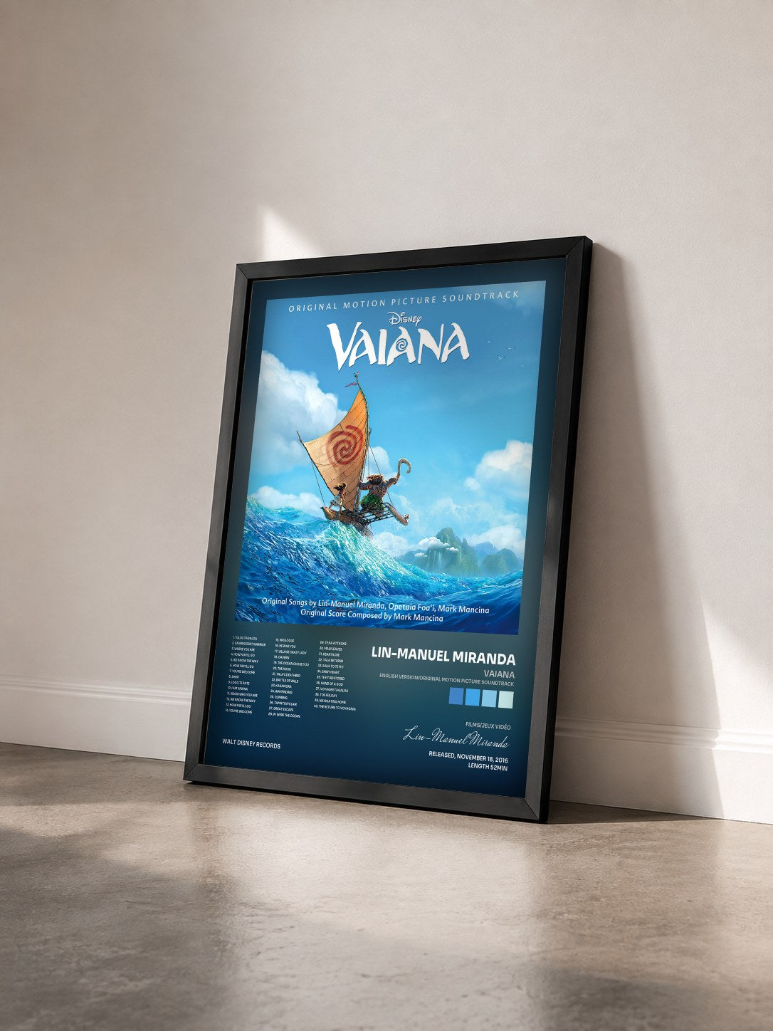 #noir Vaiana (English Version/Original Motion Picture Soundtrack) de Lin-Manuel Miranda en lámina enmarcada vista de tres cuartos, marco negro
