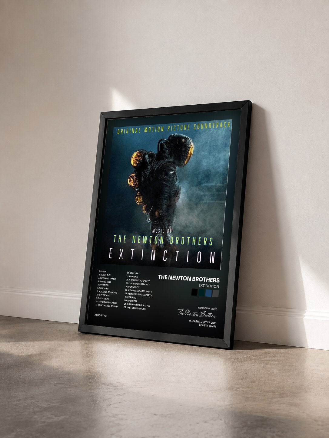 #noir Tableau de l'album Extinction de The Newton Brothers vu de trois quarts, cadre noir