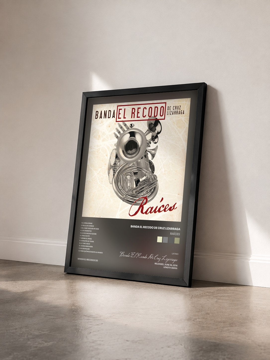 #noir Tableau de l'album Raíces de Banda El Recodo De Cruz Lizarraga vu de trois quarts, cadre noir