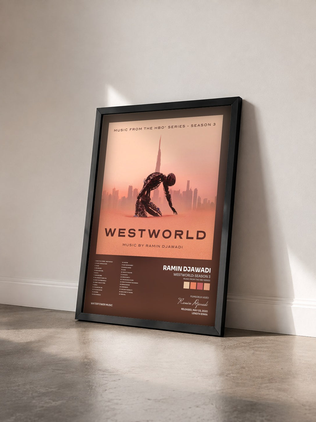 #noir Tableau de l'album Westworld: Season 3 (Music From The HBO Series) de Ramin Djawadi vu de trois quarts, cadre noir