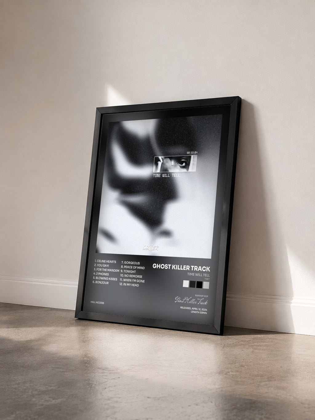 #noir Tableau de l'album Time Will Tell (T.W.T) de Ghost Killer Track vu de trois quarts, cadre noir