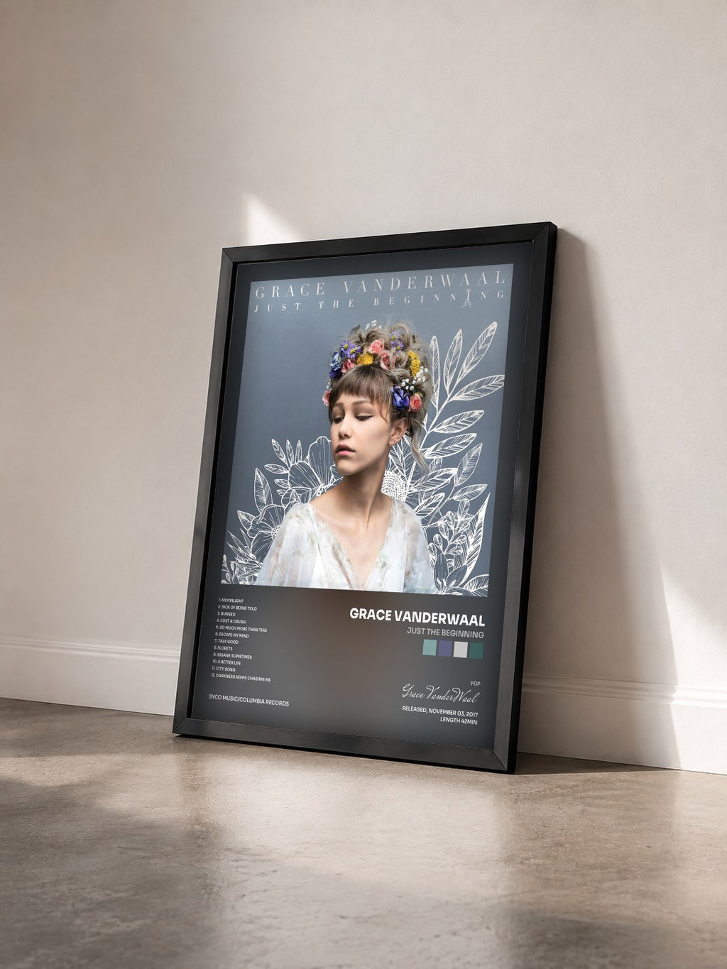 #noir Tableau de l'album Just The Beginning de Grace VanderWaal vu de trois quarts, cadre noir