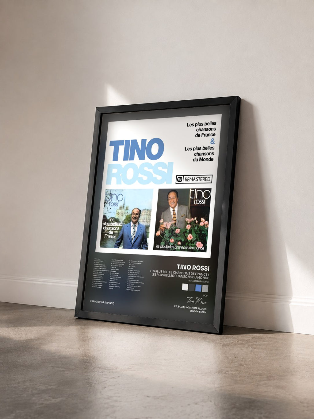 #noir Les plus belles chansons de France / Les plus belles chansons du Monde (Remasterisé en 2018) de Tino Rossi en lámina enmarcada vista de tres cuartos, marco negro