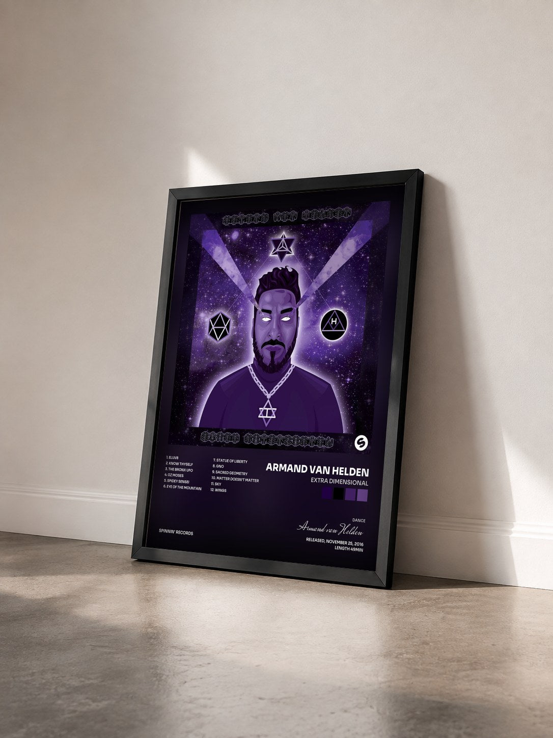 #noir Tableau de l'album Extra Dimensional de Armand van Helden vu de trois quarts, cadre noir