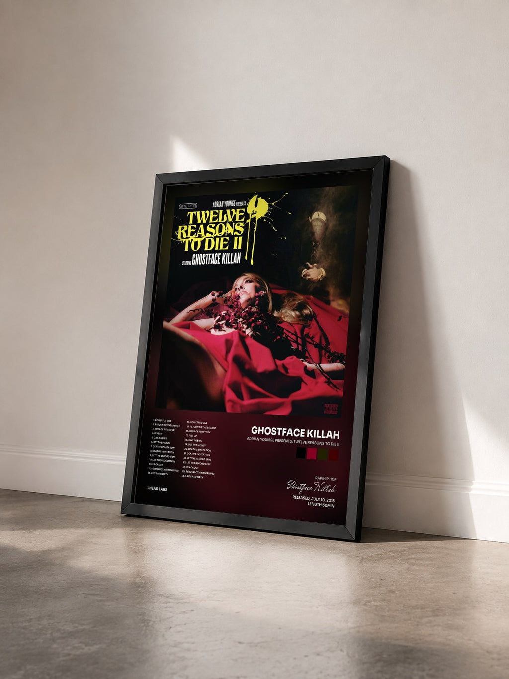#noir Tableau de l'album Adrian Younge Presents: Twelve Reasons To Die II de Ghostface Killah vu de trois quarts, cadre noir