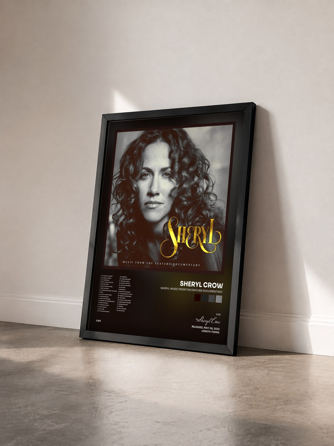 #noir Tableau de l'album Sheryl: Music From The Feature Documentary de Sheryl Crow vu de trois quarts, cadre noir