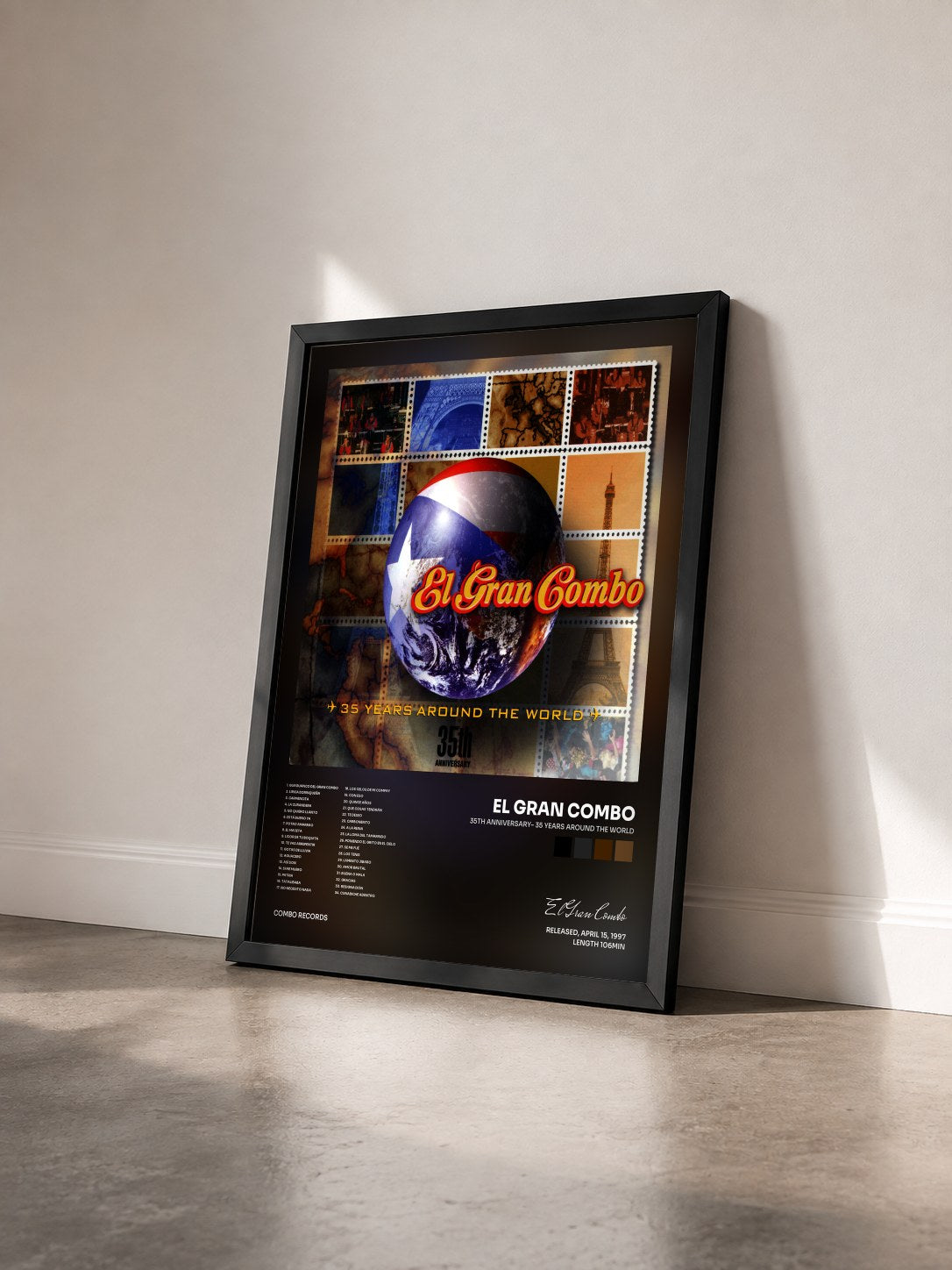 #noir Tableau de l'album 35th Anniversary- 35 Years Around the World de El Gran Combo vu de trois quarts, cadre noir