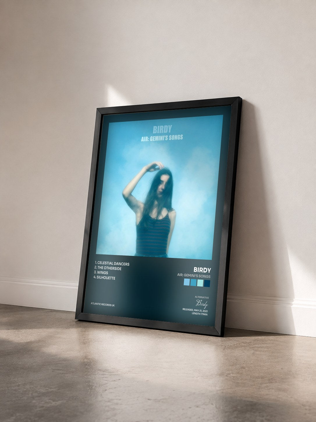 #noir Tableau de l'album Air: Gemini’s Songs de Birdy vu de trois quarts, cadre noir