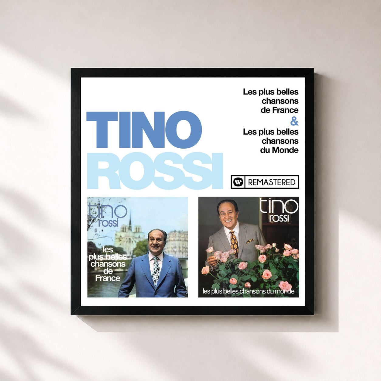#noir Tableau carré de l'album Les plus belles chansons de France / Les plus belles chansons du Monde (Remasterisé en 2018) de Tino Rossi, cadre noir 32x32 cm