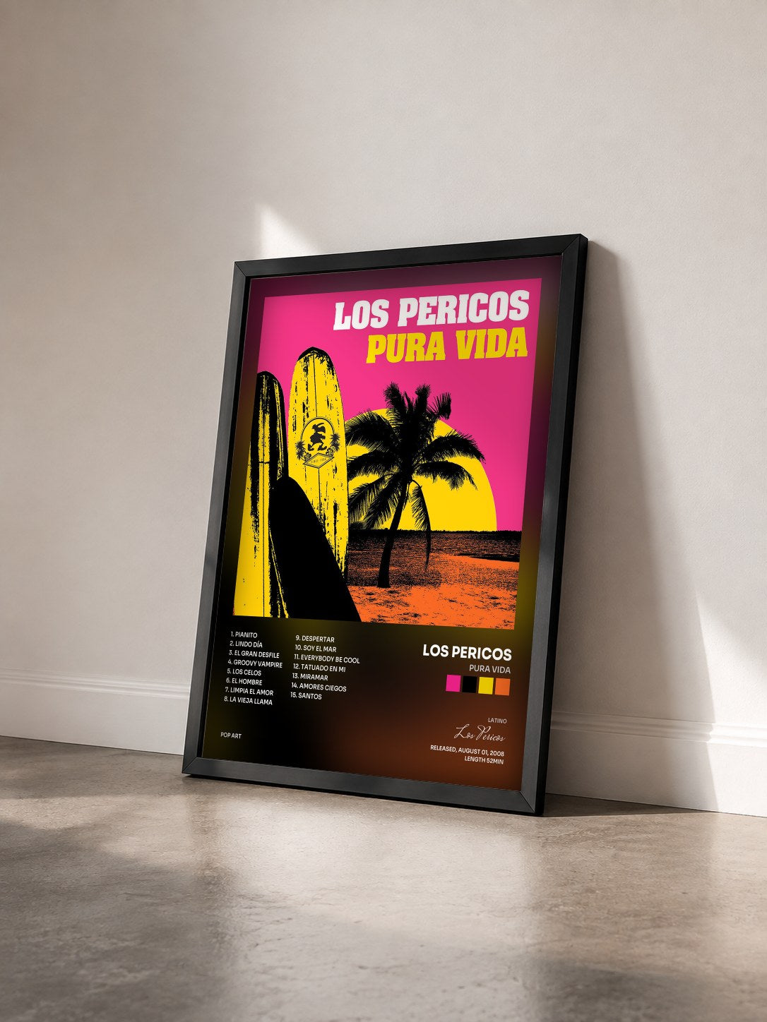 #noir Tableau de l'album Pura Vida de Los Pericos vu de trois quarts, cadre noir