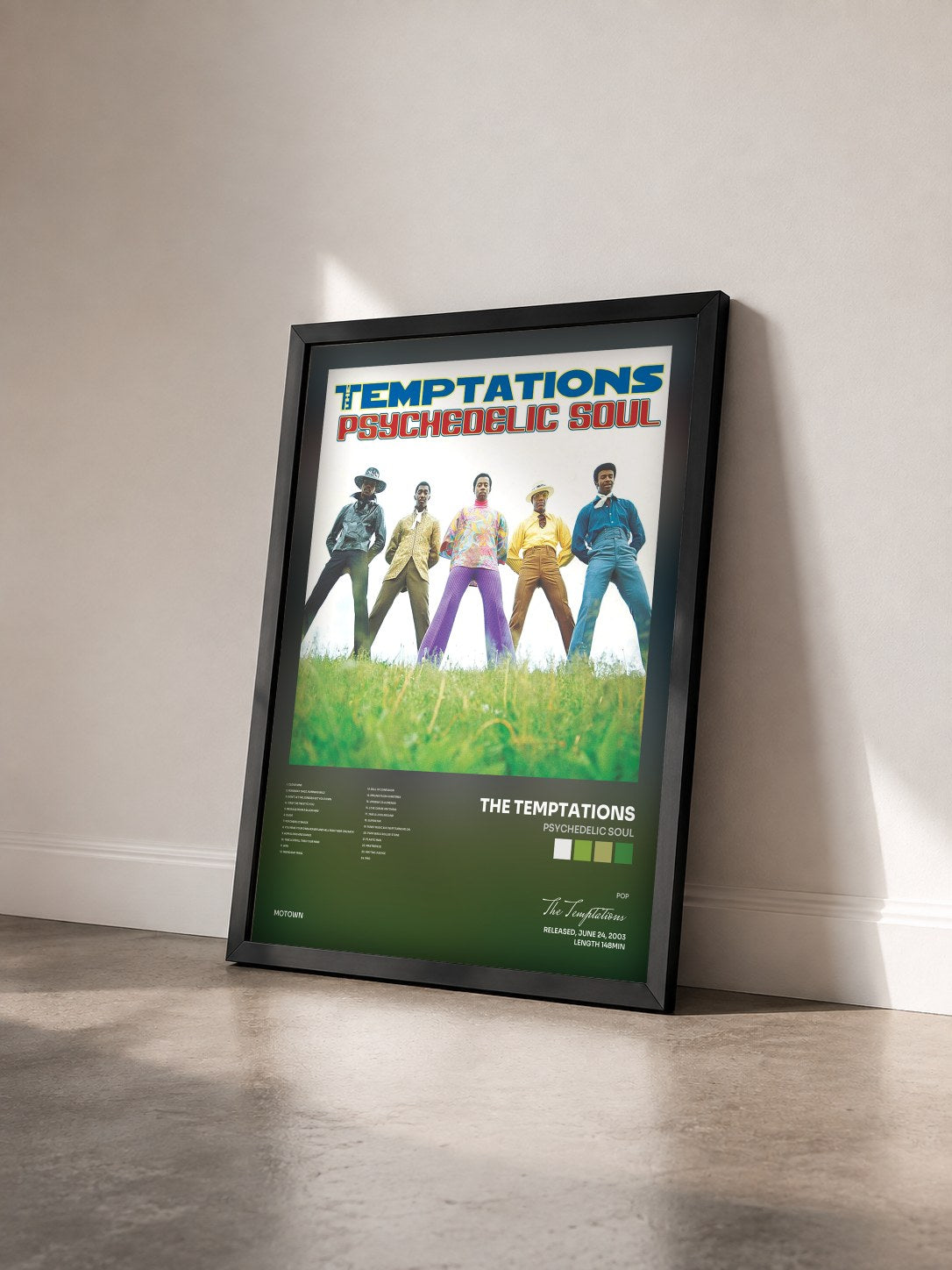 #noir Psychedelic Soul de The Temptations en lámina enmarcada vista de tres cuartos, marco negro
