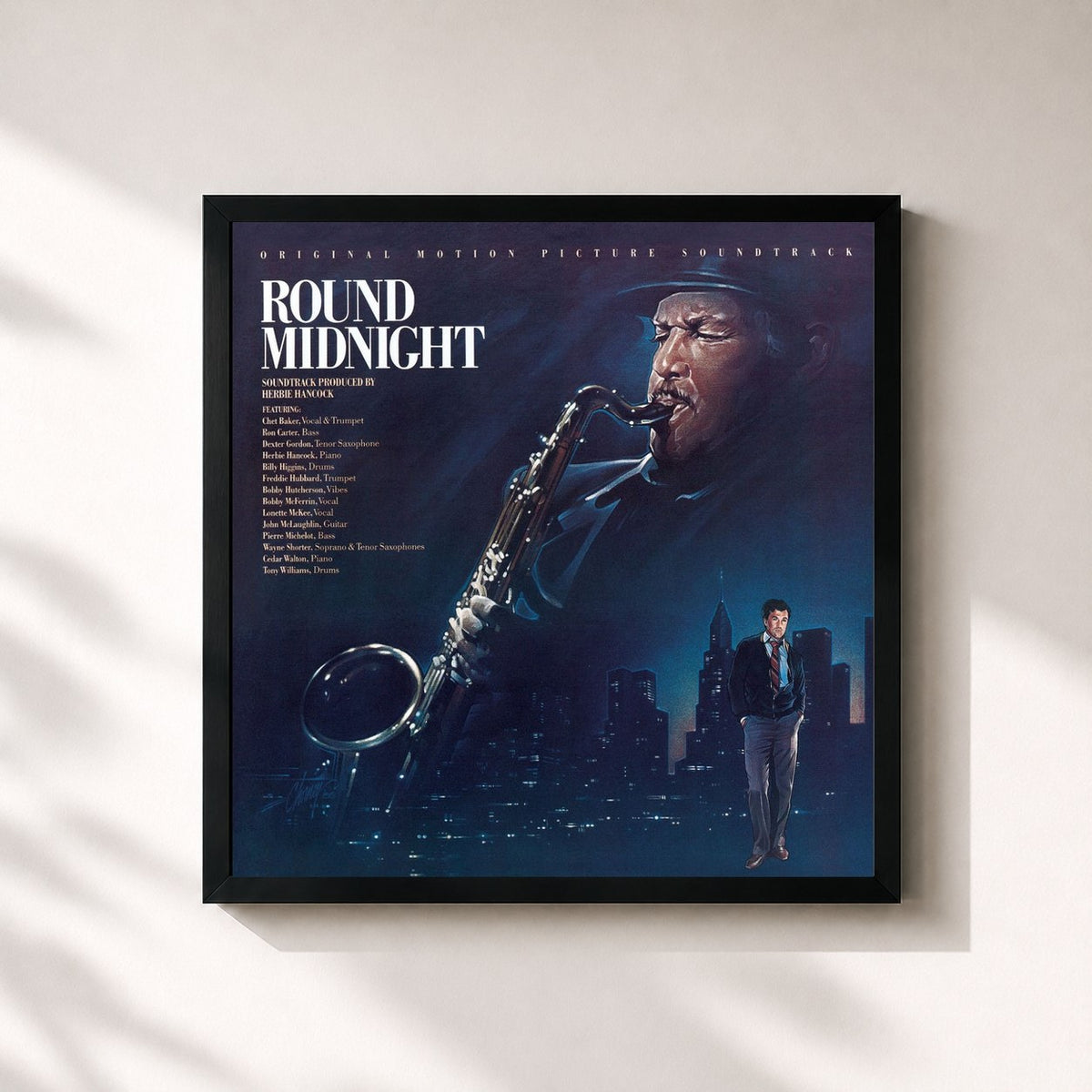 #noir Tableau carré de l'album 'Round Midnight - Original Motion Picture Soundtrack de Herbie Hancock, cadre noir 32x32 cm