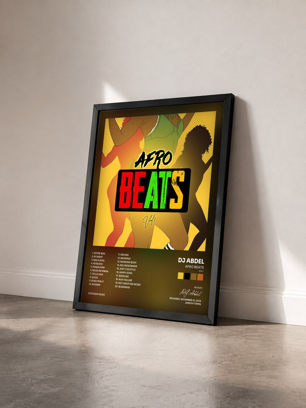 #noir Afro Beats (Vol.1) de DJ Abdel en lámina enmarcada vista de tres cuartos, marco negro