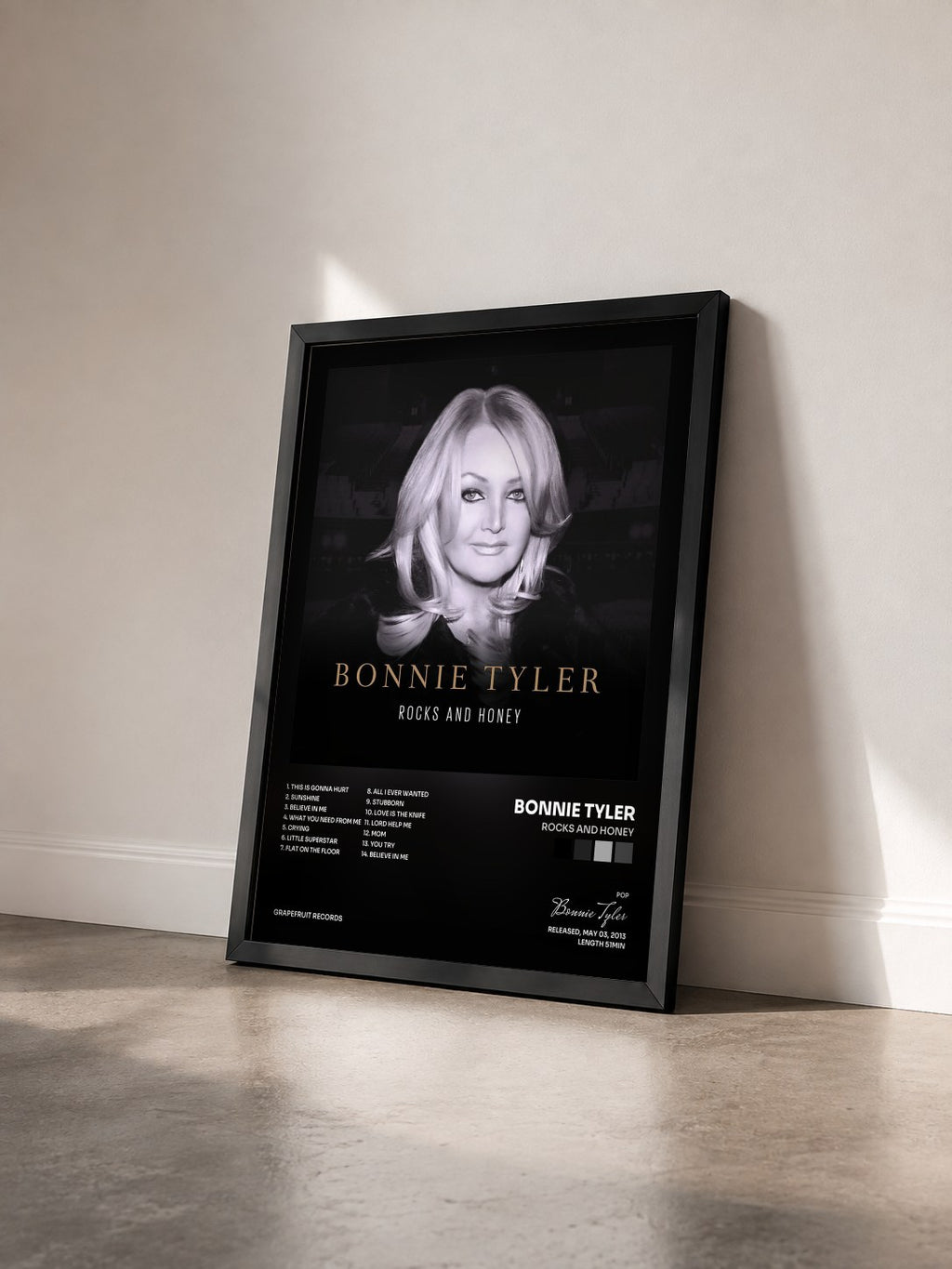 #noir Tableau de l'album Rocks and Honey de Bonnie Tyler vu de trois quarts, cadre noir