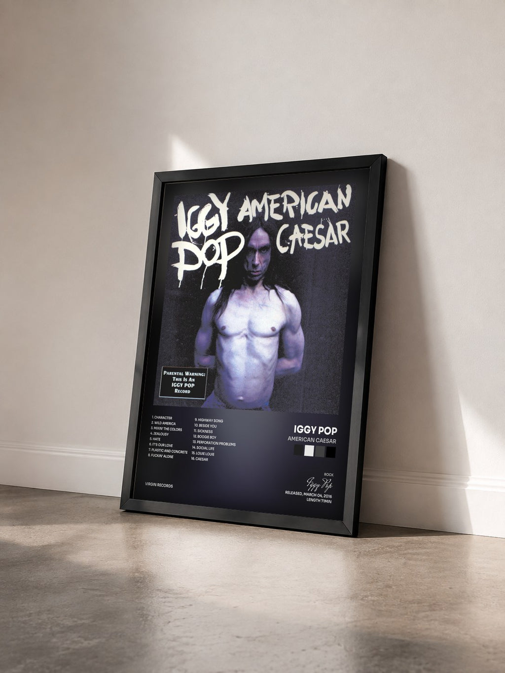 #noir Tableau de l'album American Caesar de Iggy Pop vu de trois quarts, cadre noir
