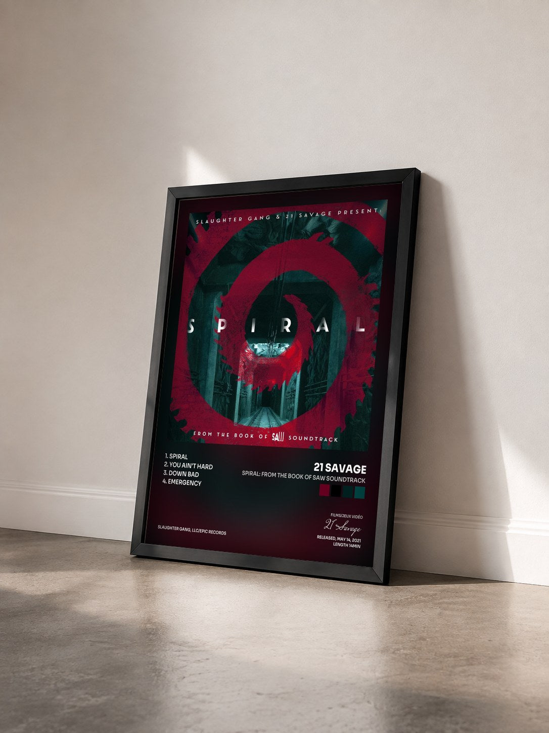 #noir Spiral: From The Book of Saw Soundtrack by 21 Savage as a framed art print seen at an angle, black frame