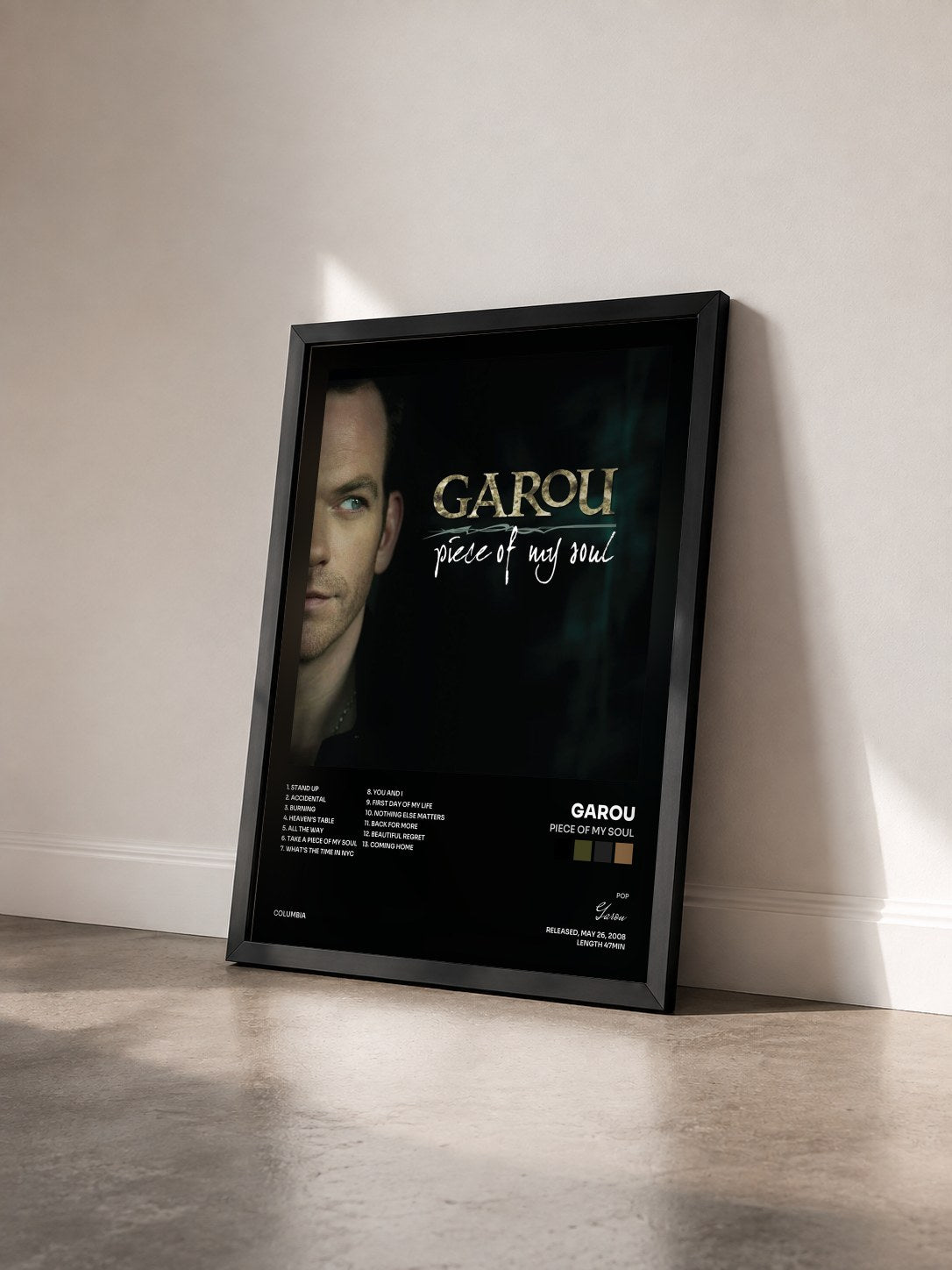 #noir Piece Of My Soul by Garou as a framed art print seen at an angle, black frame