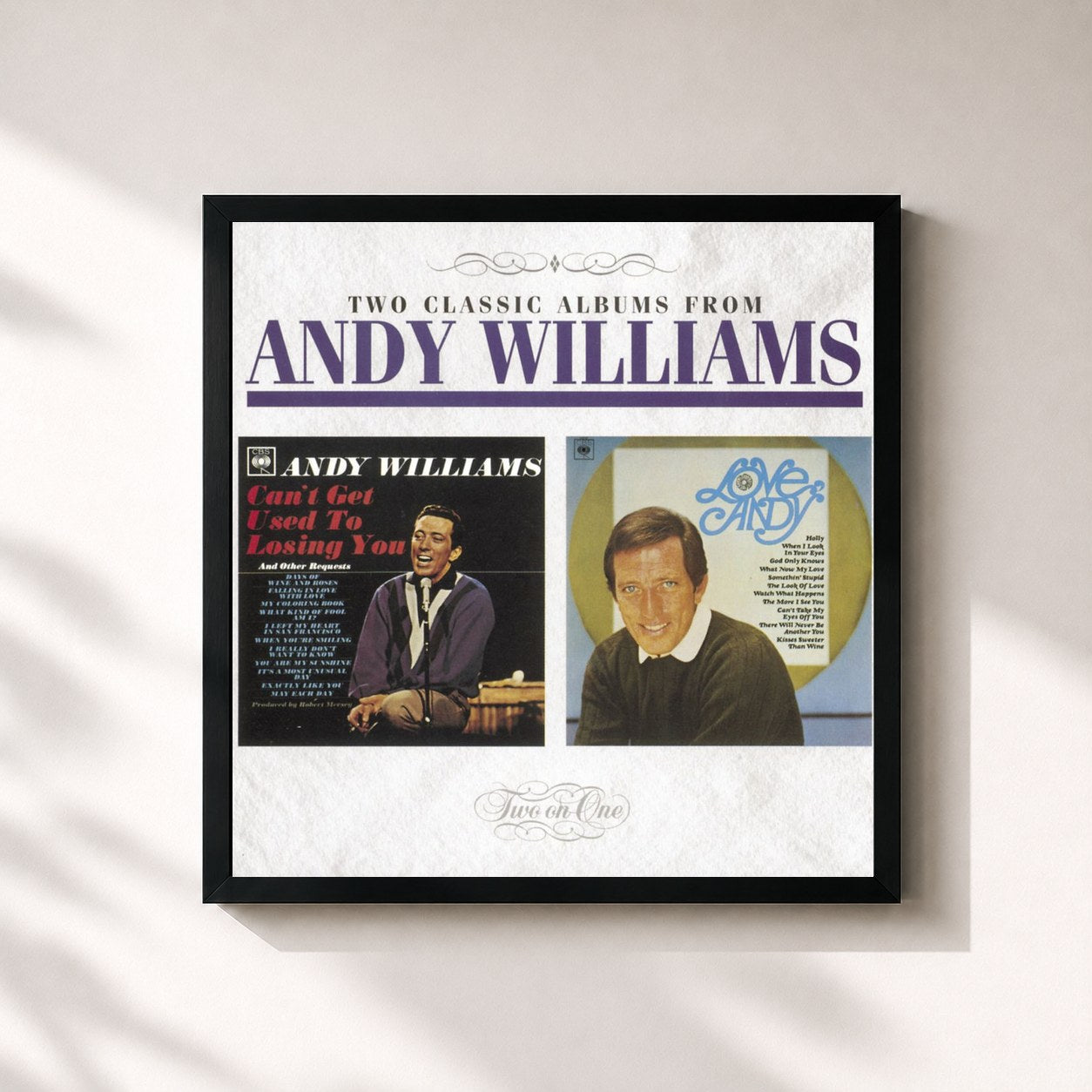 #noir Tableau carré de l'album Can't Get Used To Losing You / Love, Andy de Andy Williams, cadre noir 32x32 cm