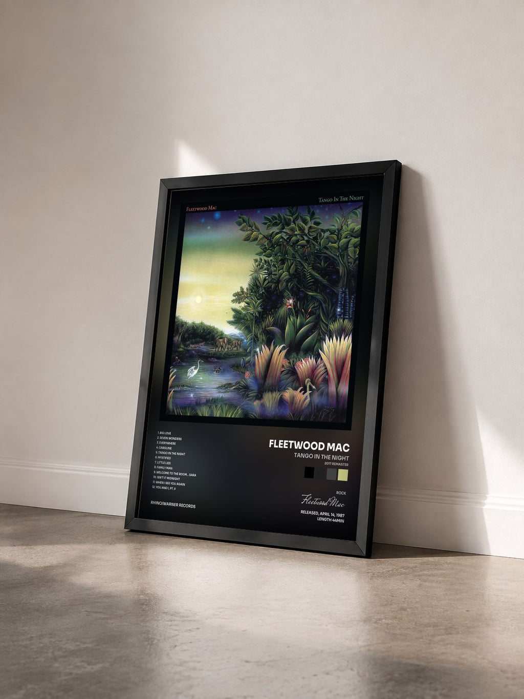 #noir Tango in the Night (2017 Remaster) by Fleetwood Mac as a framed art print seen at an angle, black frame
