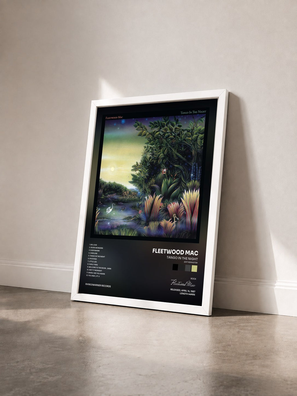 #blanc Tango in the Night (2017 Remaster) by Fleetwood Mac as a framed art print seen at an angle, white frame
