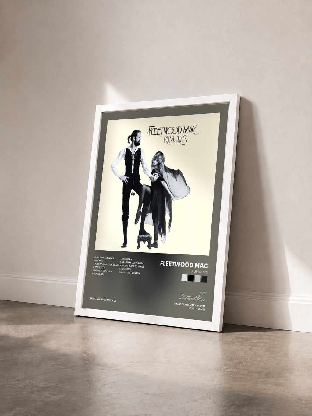 #blanc Tableau de l'album Rumours de Fleetwood Mac vu de trois quarts, cadre blanc