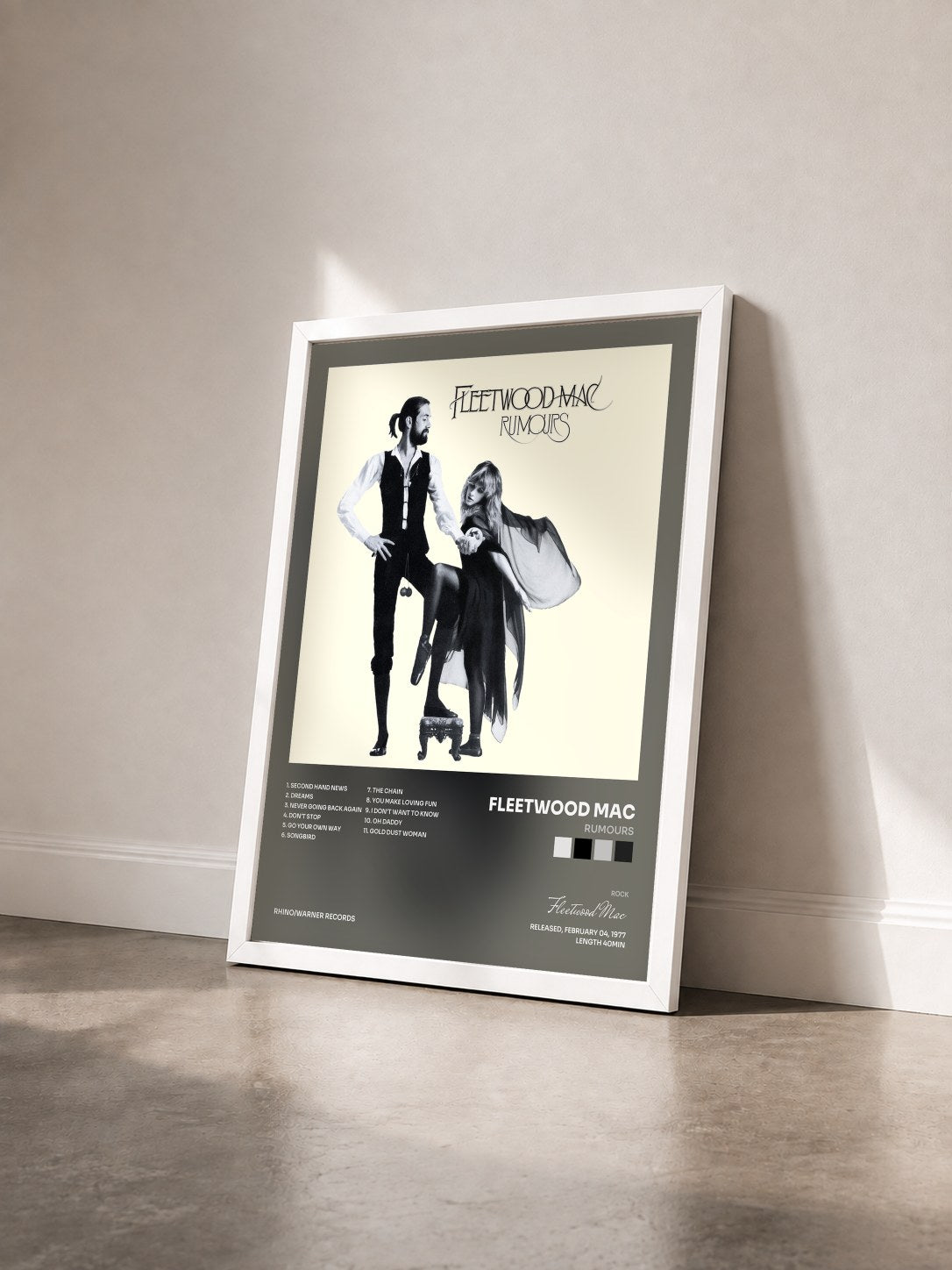 #blanc Tableau de l'album Rumours de Fleetwood Mac vu de trois quarts, cadre blanc