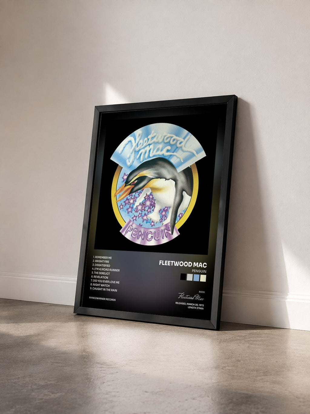 #noir Tableau de l'album Penguin de Fleetwood Mac vu de trois quarts, cadre noir