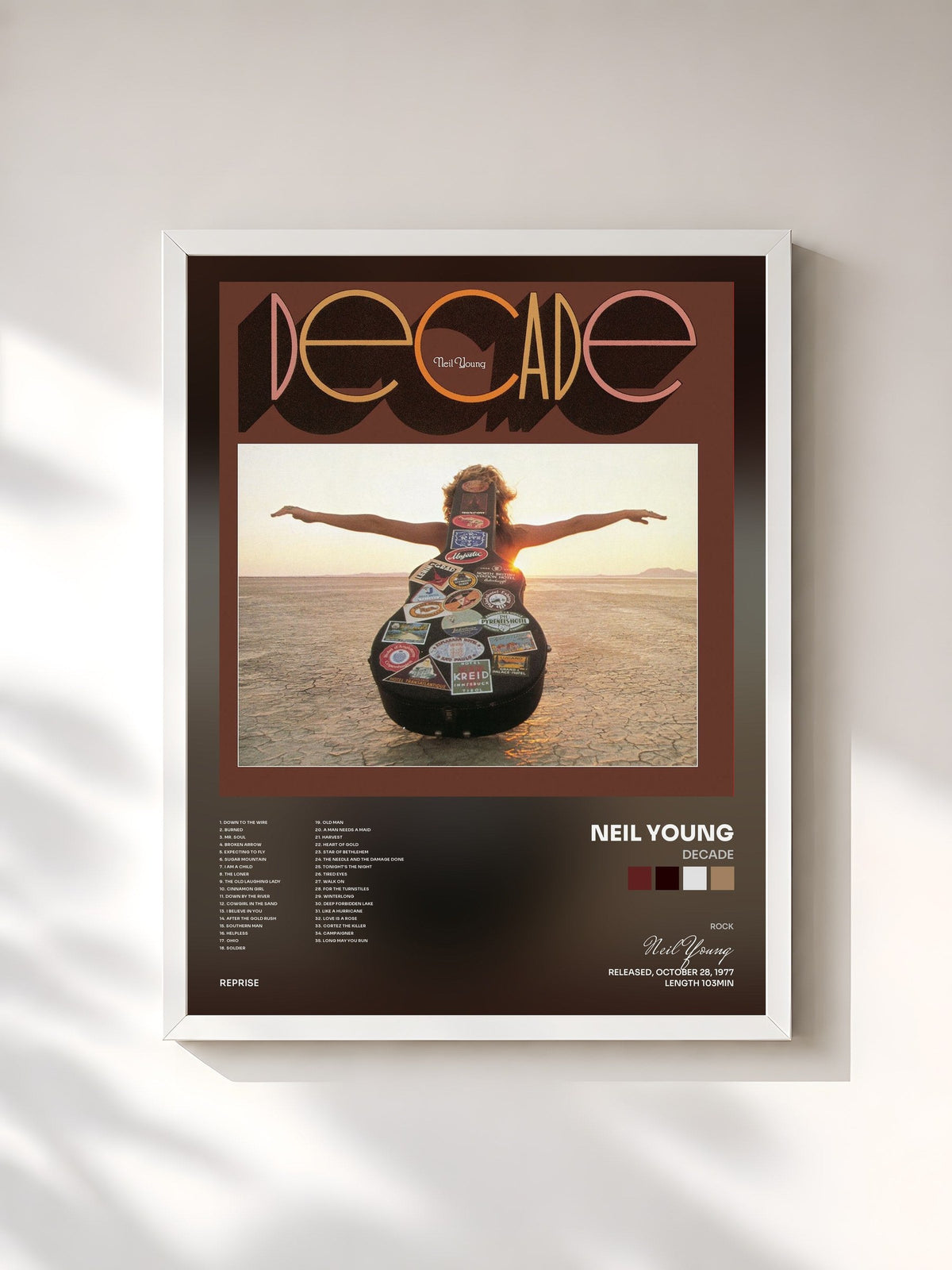 #blanc Tableau de l'album Decade de Neil Young, cadre blanc, imprimé et encadré en France