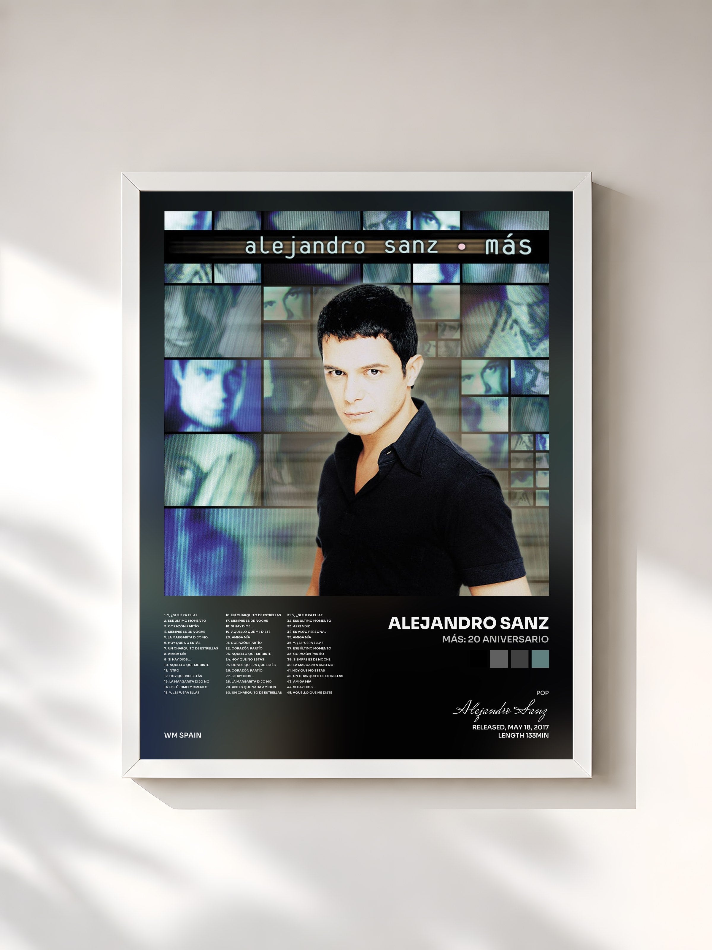 #blanc Tableau de l'album Más: 20 Aniversario de Alejandro Sanz, cadre blanc, imprimé et encadré en France