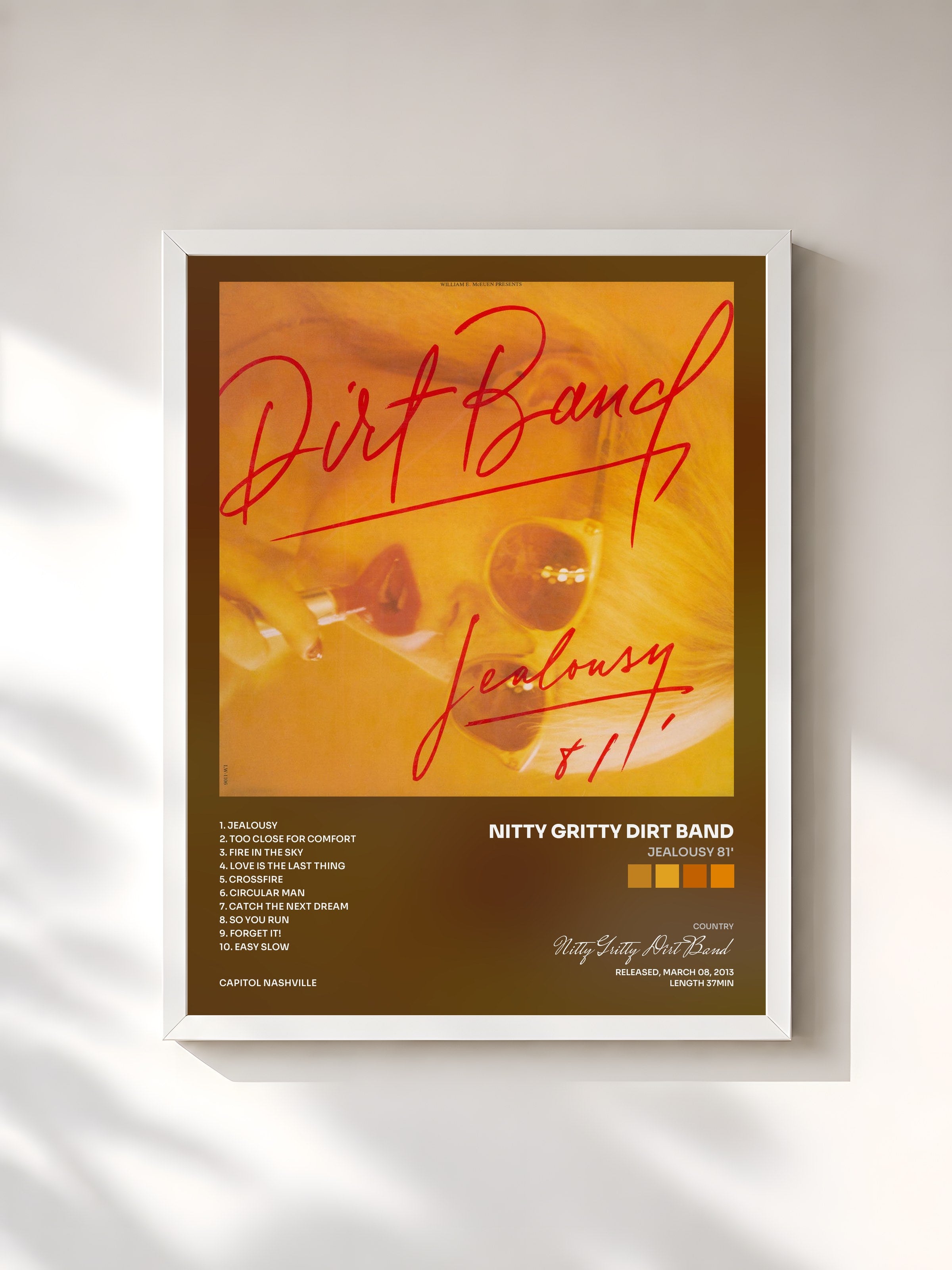 #blanc Tableau de l'album Jealousy 81' de Nitty Gritty Dirt Band, cadre blanc, imprimé et encadré en France