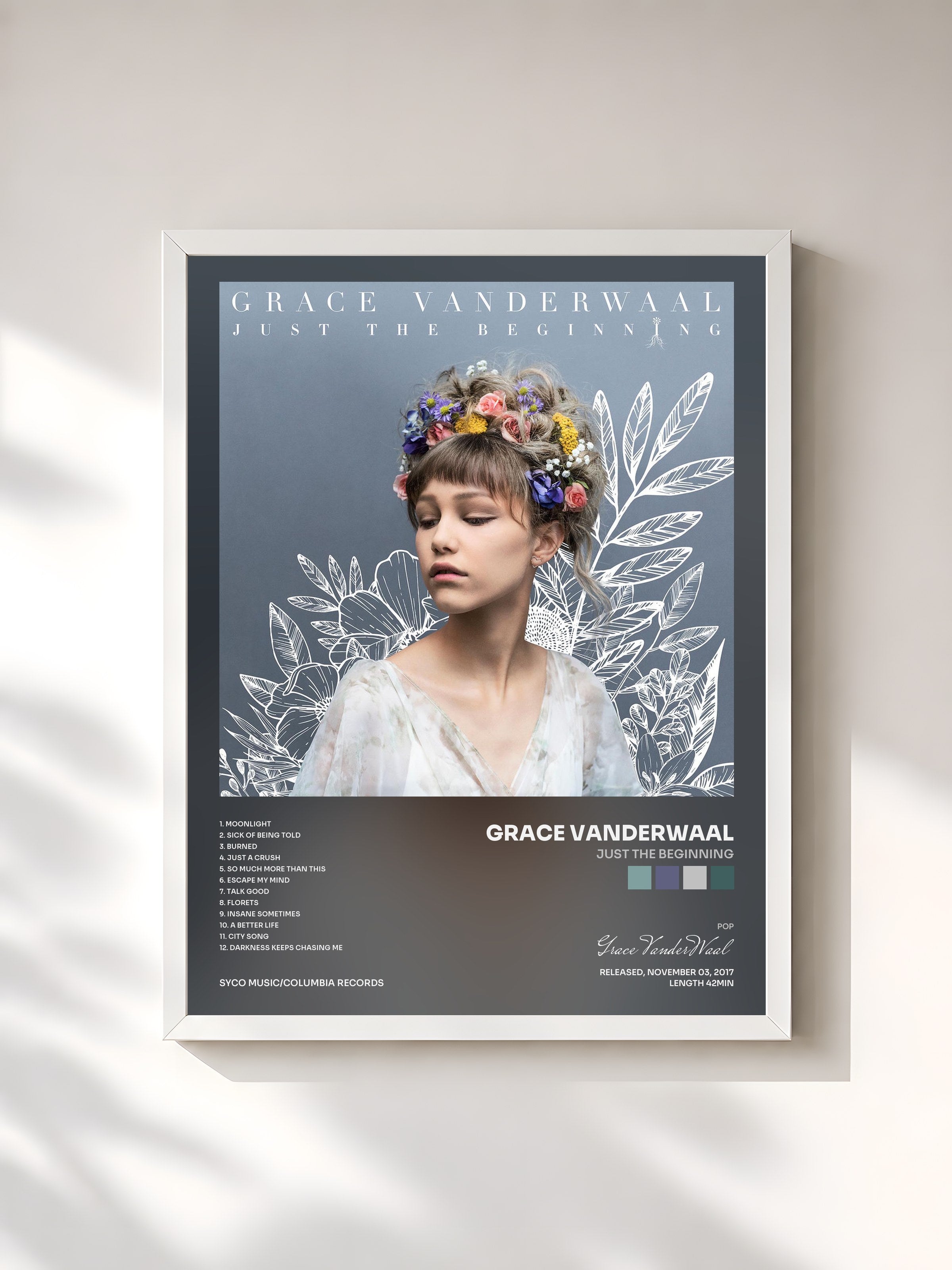 #blanc Tableau de l'album Just The Beginning de Grace VanderWaal, cadre blanc, imprimé et encadré en France