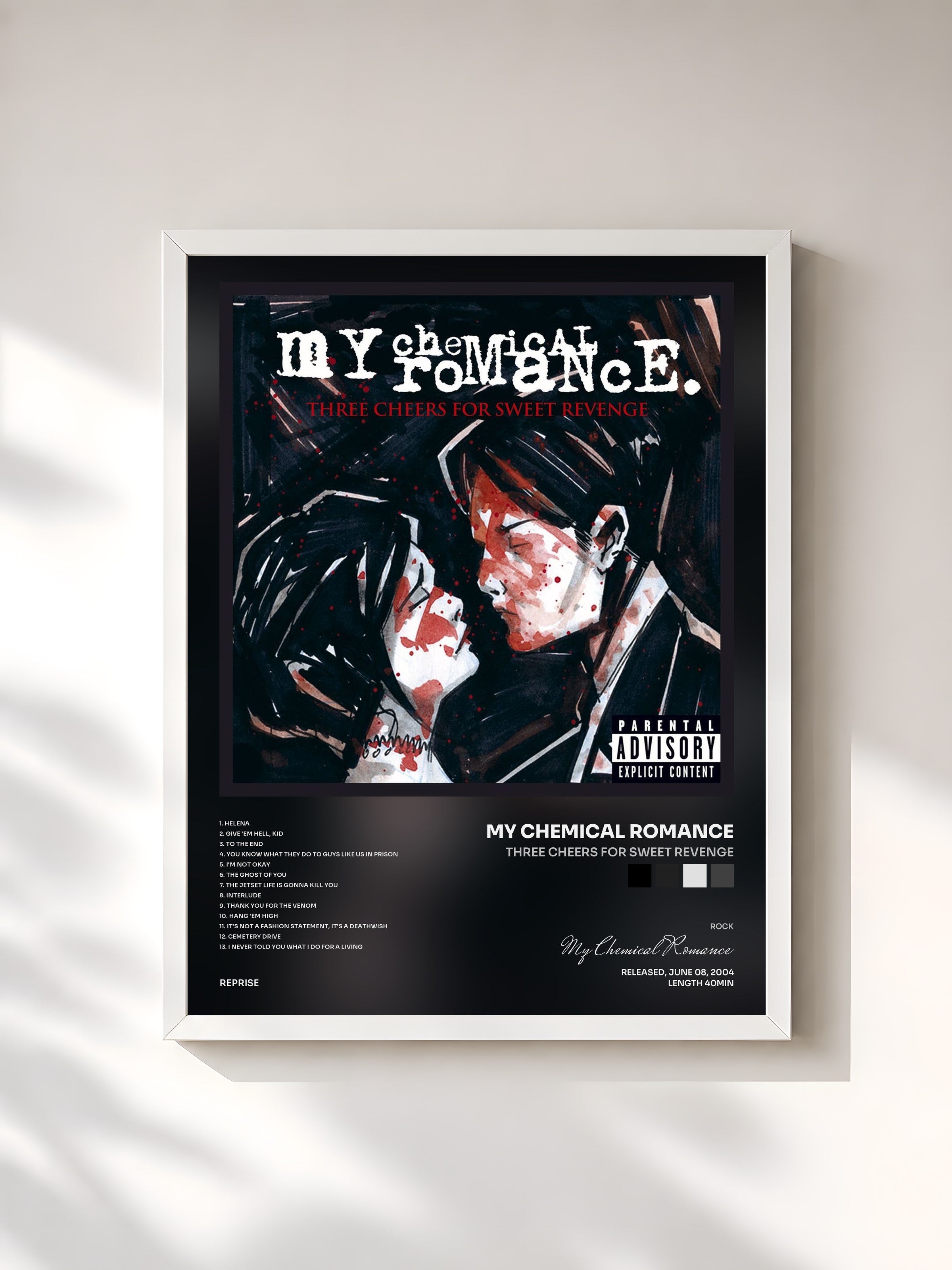 #blanc Tableau de l'album Three Cheers for Sweet Revenge de My Chemical Romance, cadre blanc, imprimé et encadré en France
