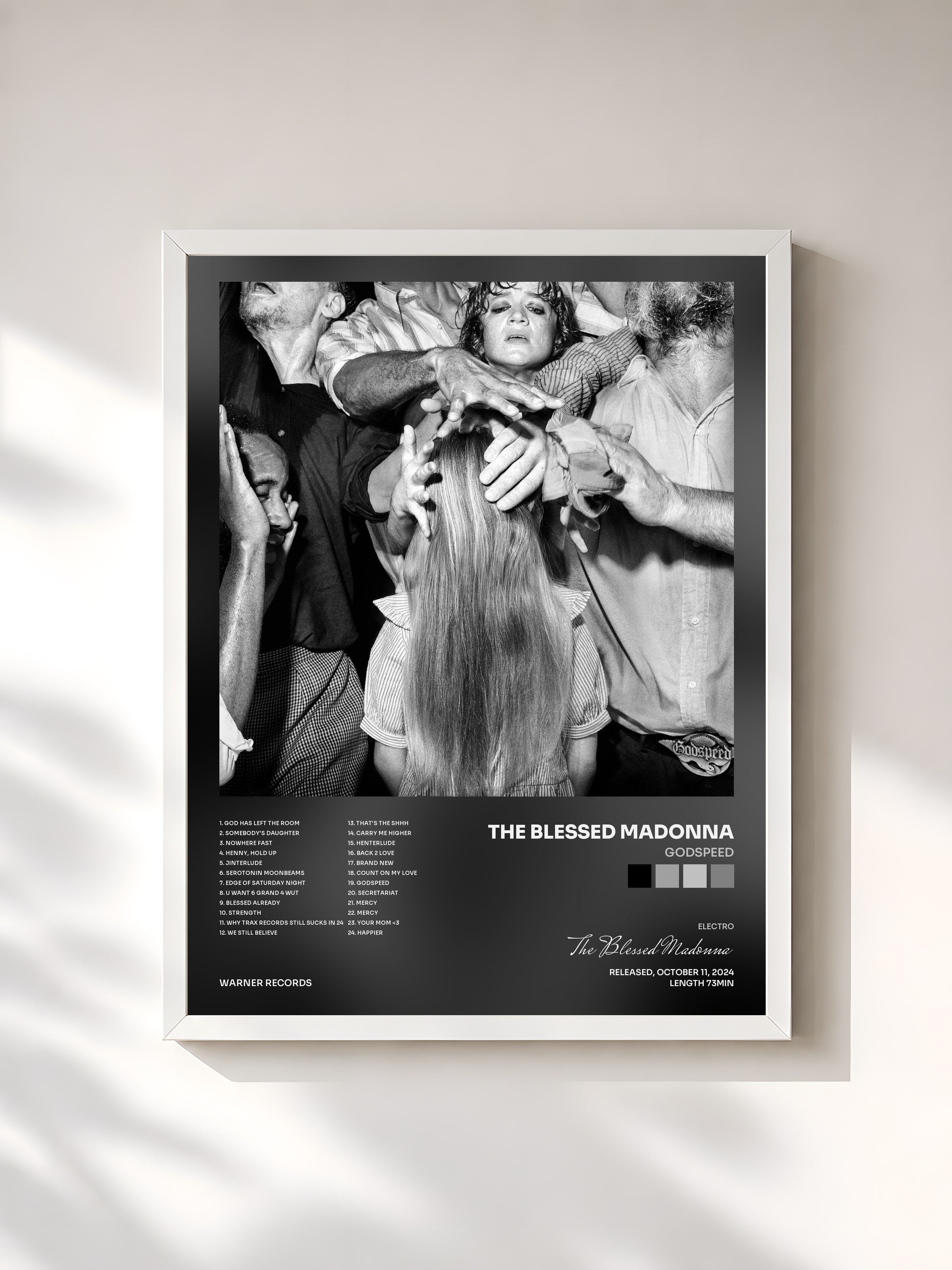 #blanc Tableau de l'album Godspeed de The Blessed Madonna, cadre blanc, imprimé et encadré en France