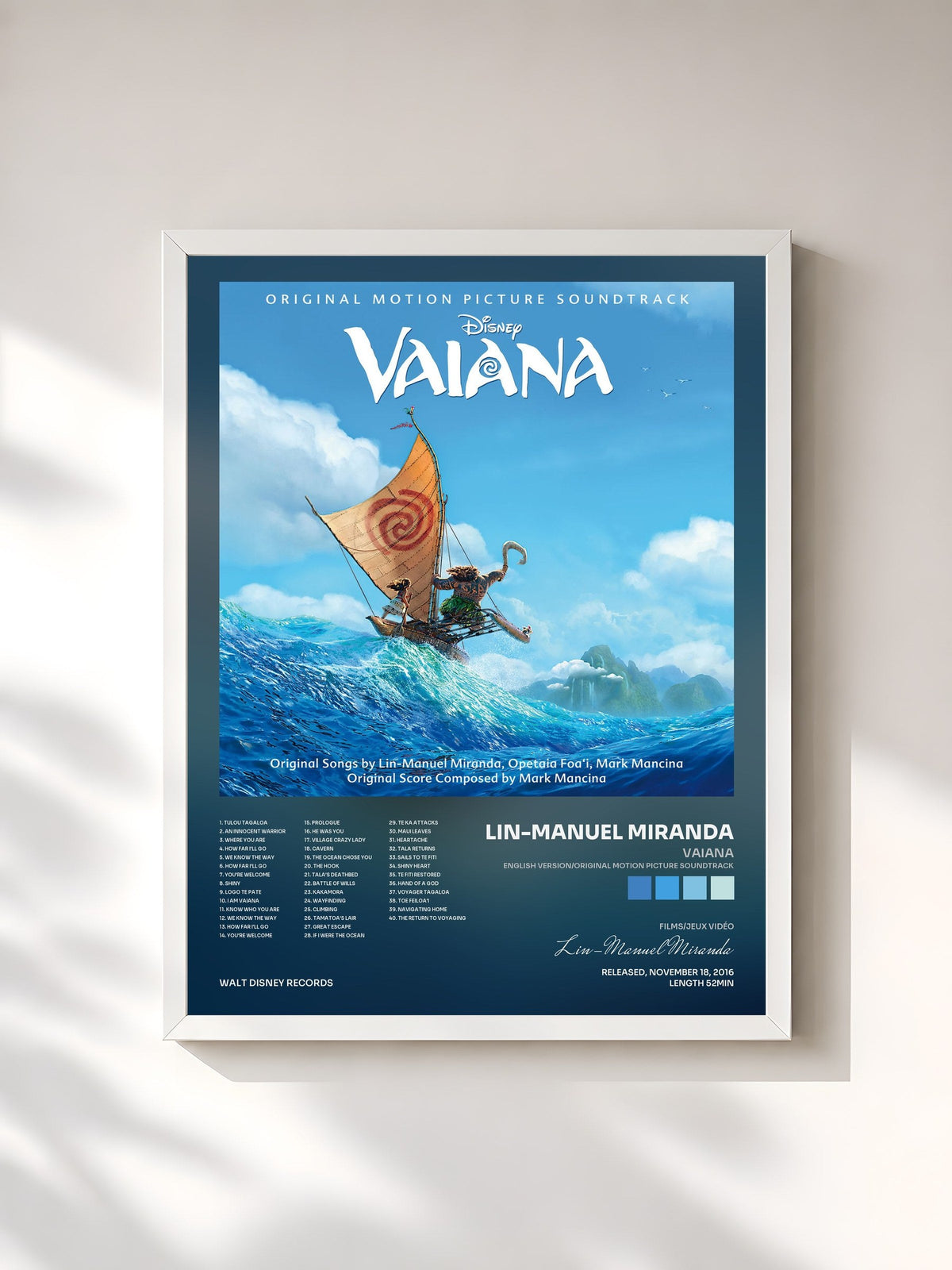 #blanc Vaiana (English Version/Original Motion Picture Soundtrack) de Lin-Manuel Miranda en lámina enmarcada, marco blanco, impresa y enmarcada en Francia