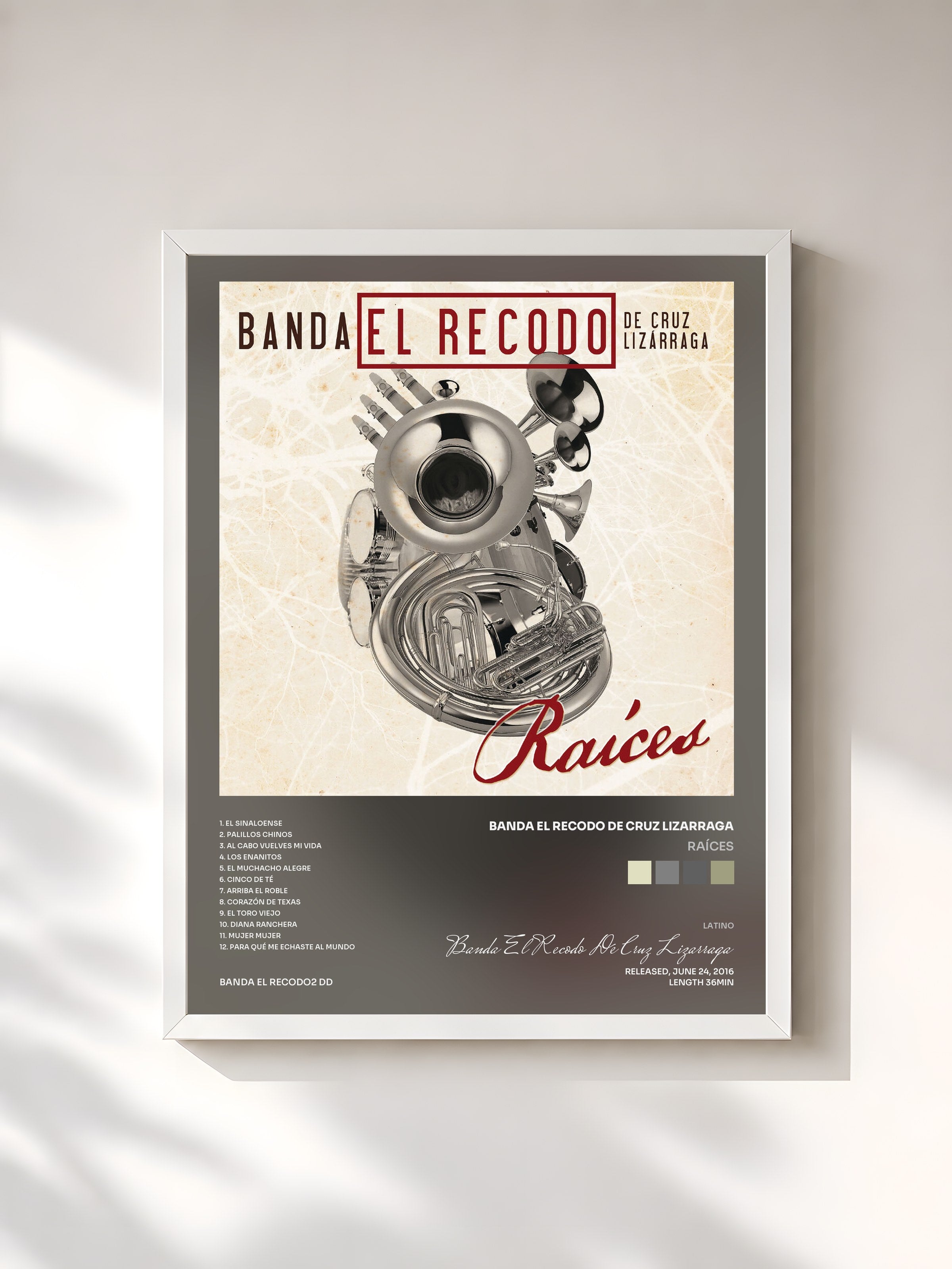#blanc Tableau de l'album Raíces de Banda El Recodo De Cruz Lizarraga, cadre blanc, imprimé et encadré en France