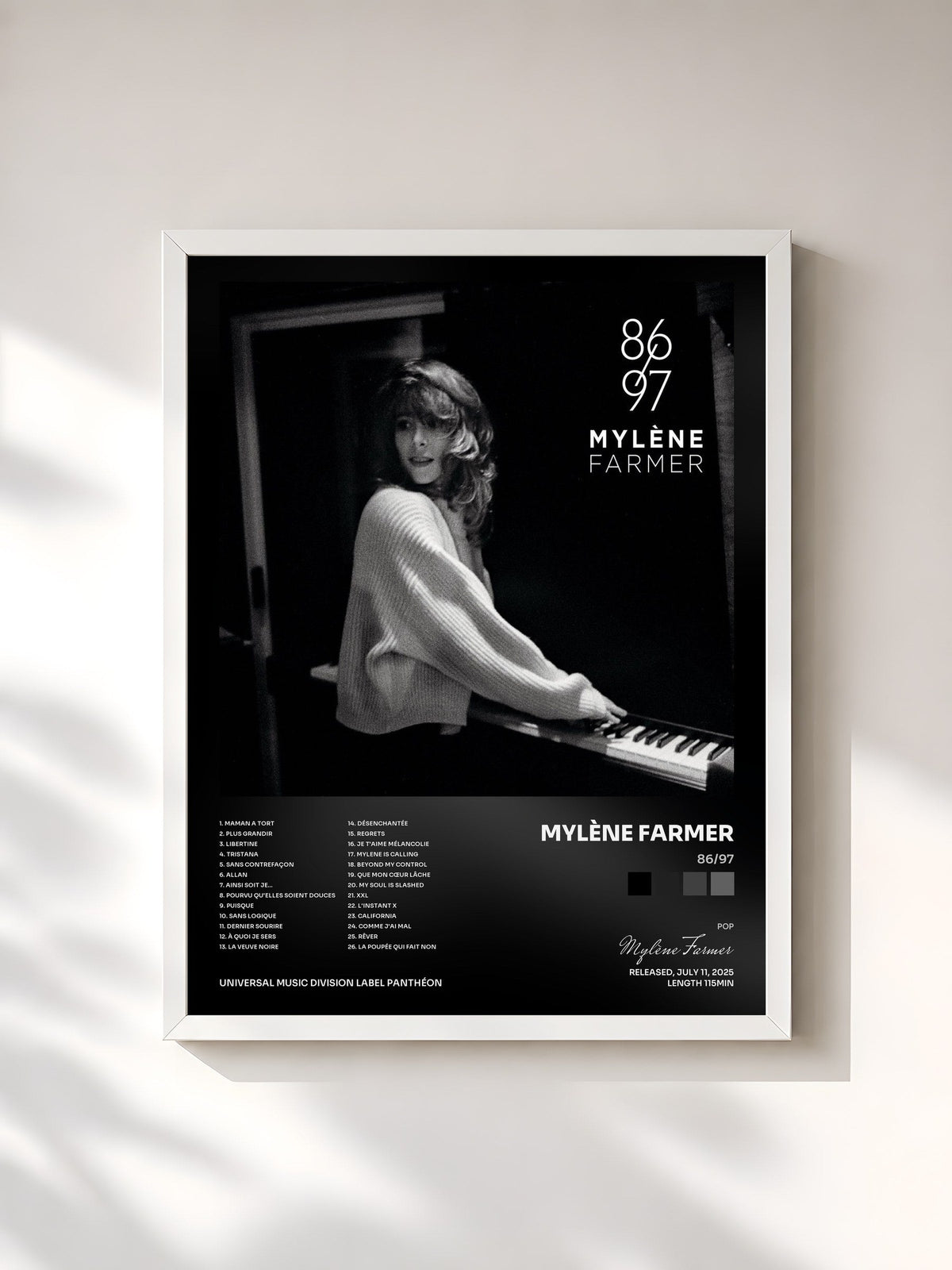 #blanc Tableau de l'album 86/97 de Mylène Farmer, cadre blanc, imprimé et encadré en France