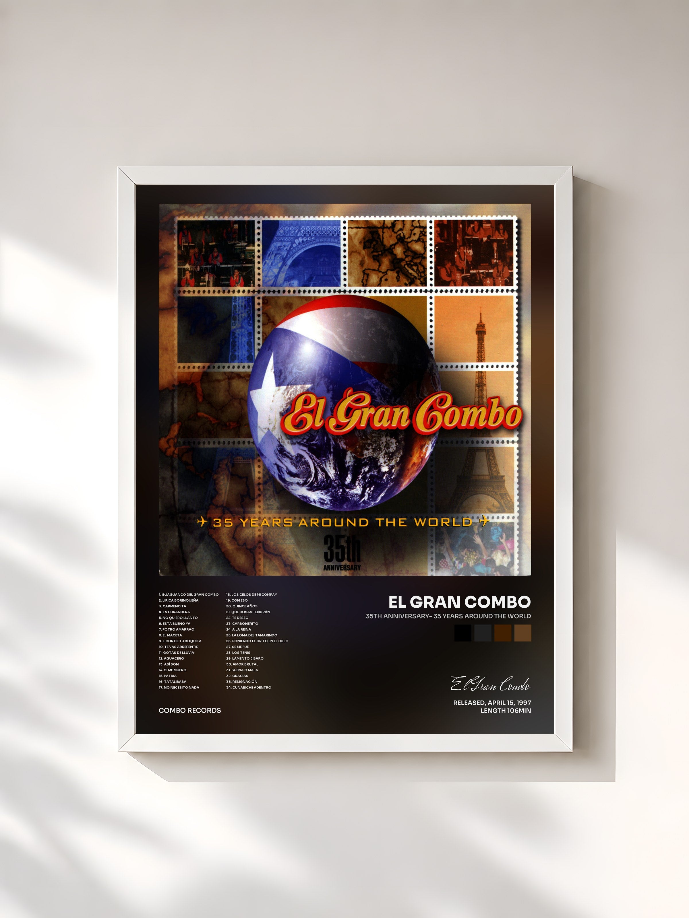 #blanc Tableau de l'album 35th Anniversary- 35 Years Around the World de El Gran Combo, cadre blanc, imprimé et encadré en France