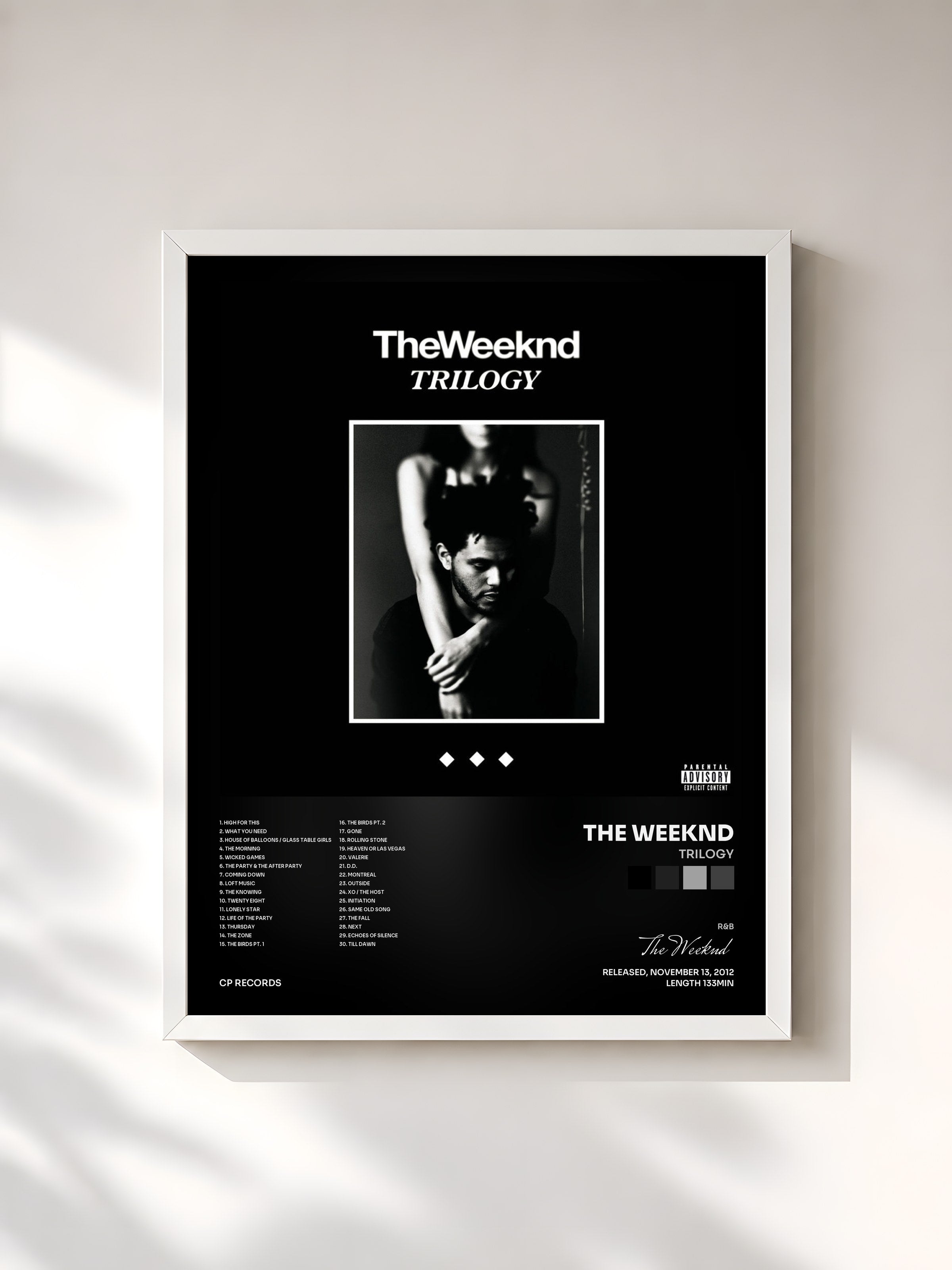 #blanc Tableau de l'album Trilogy de The Weeknd, cadre blanc, imprimé et encadré en France