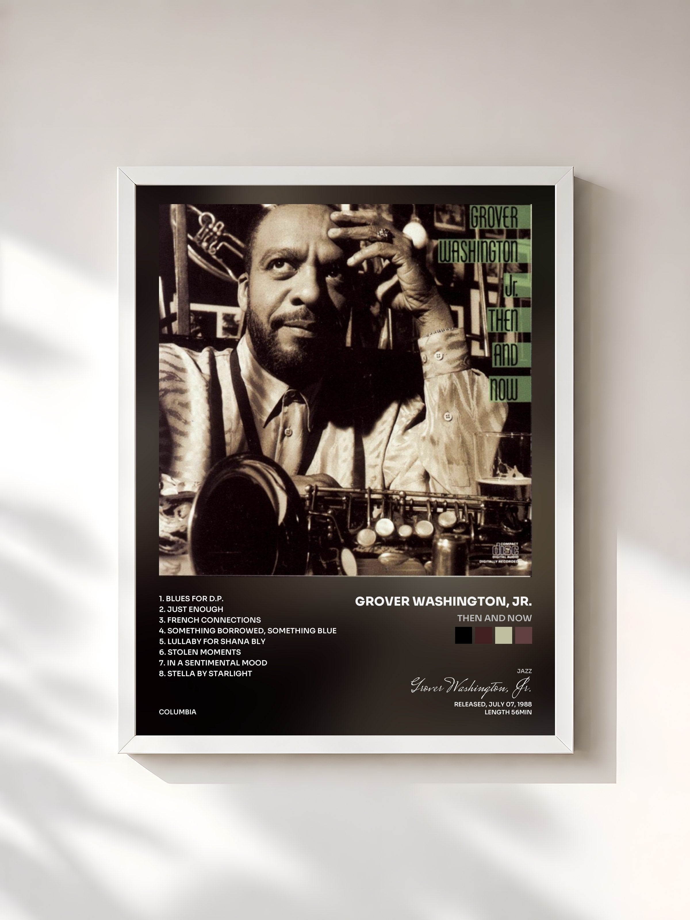 #blanc Tableau de l'album Then And Now de Grover Washington, Jr., cadre blanc, imprimé et encadré en France
