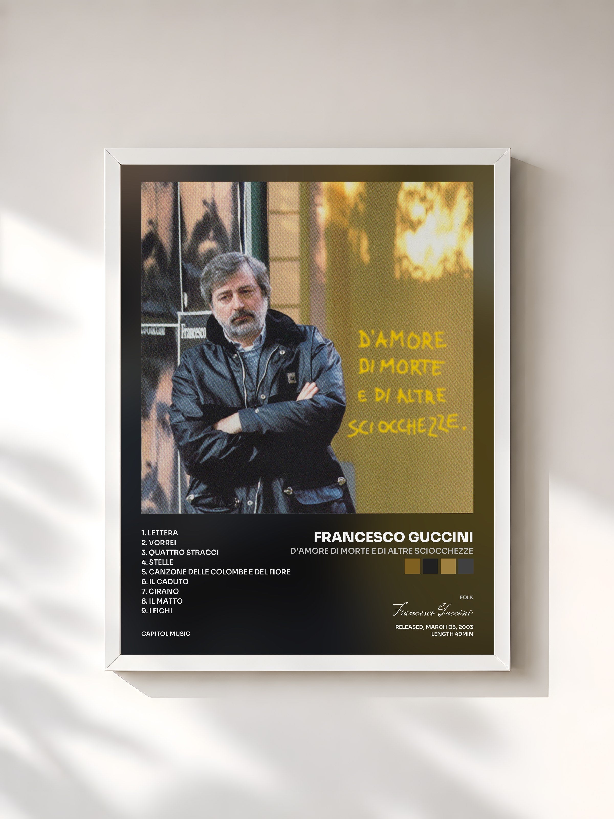 #blanc Tableau de l'album D'Amore Di Morte E Di Altre Sciocchezze de Francesco Guccini, cadre blanc, imprimé et encadré en France